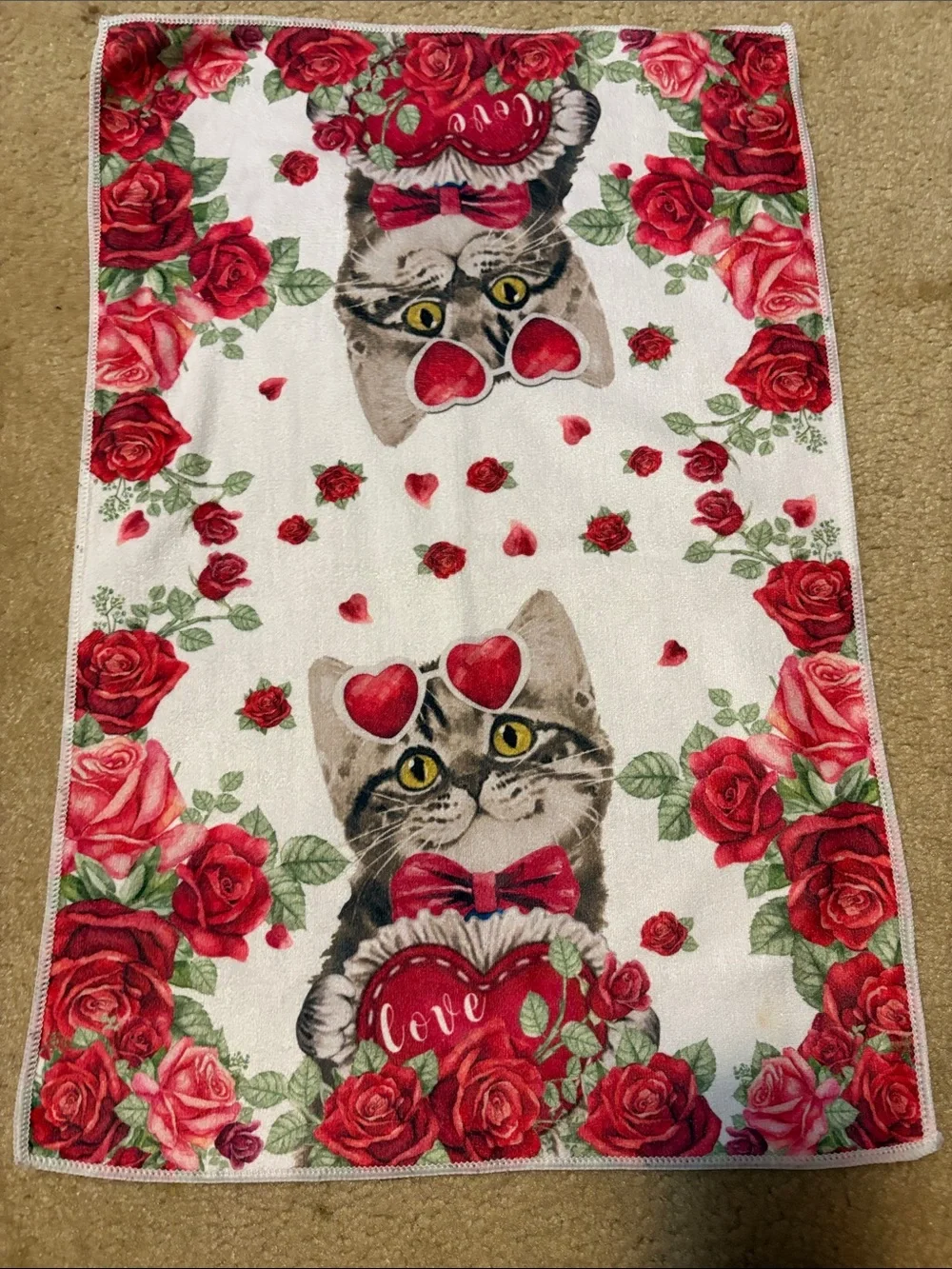 Valentine Cat Floral Kitchen Towel - Red & White
